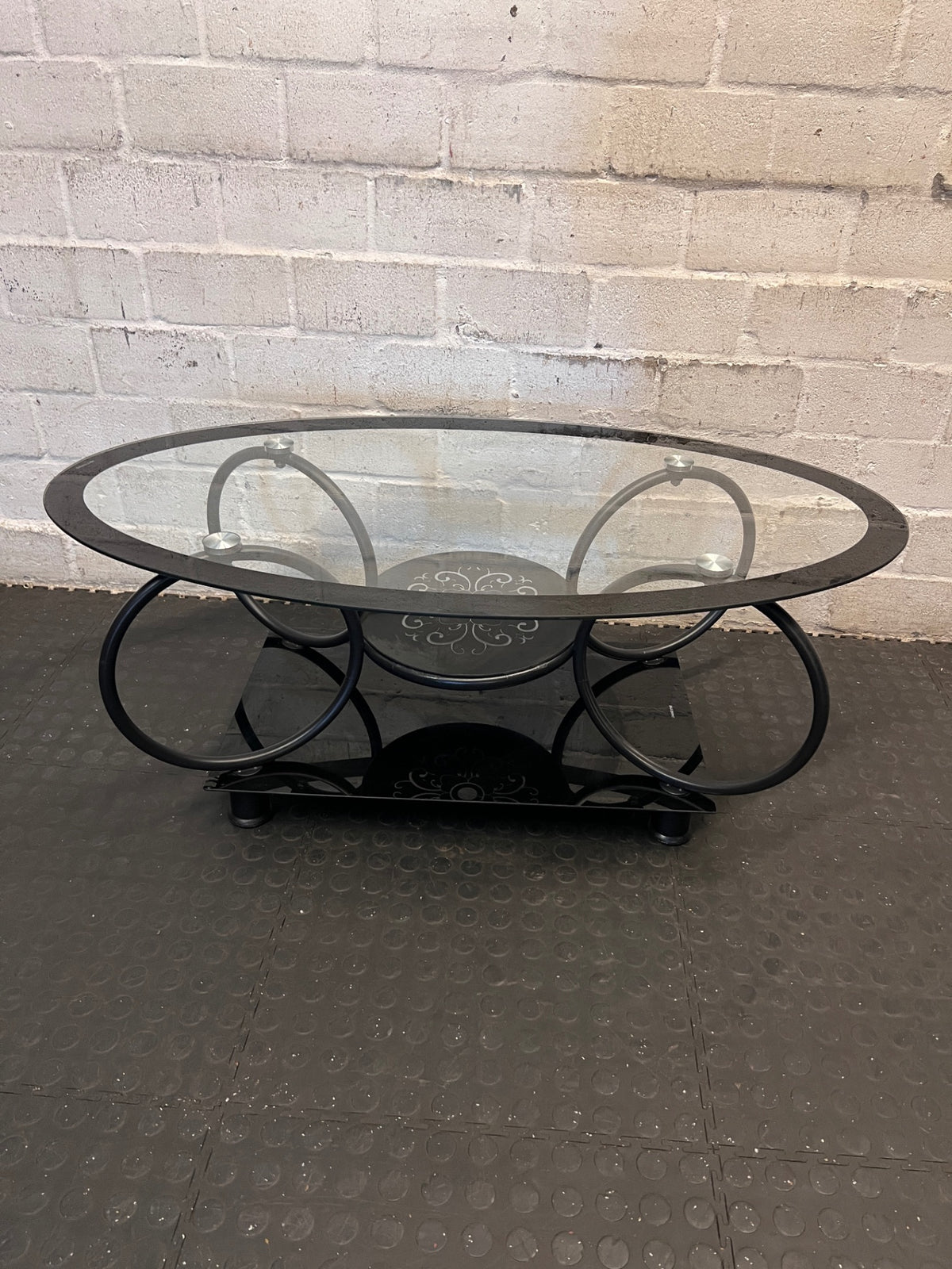 Oval Glass and Black Metal Coffee Table with Filigree Detail – condition detail