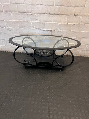 Oval Glass and Black Metal Coffee Table with Filigree Detail – main front view