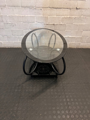 Oval Glass and Black Metal Coffee Table with Filigree Detail – side view