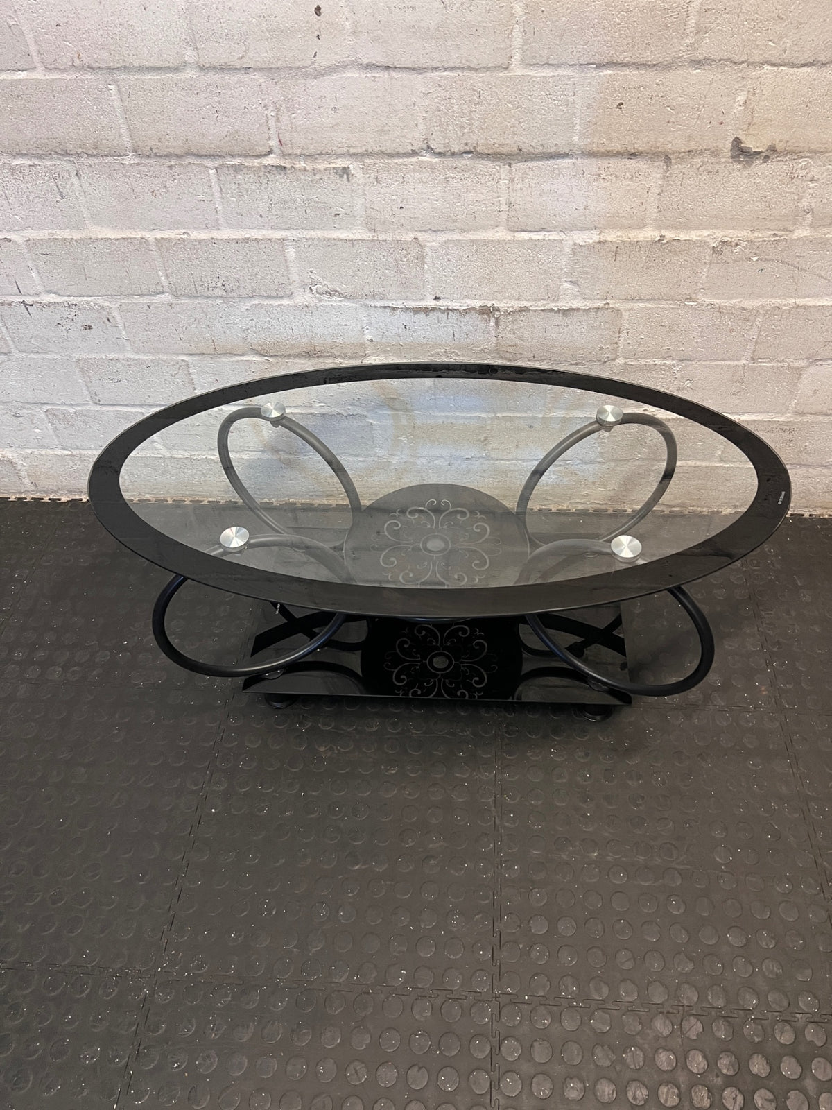 Oval Glass and Black Metal Coffee Table with Filigree Detail – top view