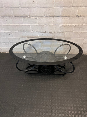 Oval Glass and Black Metal Coffee Table with Filigree Detail – top view