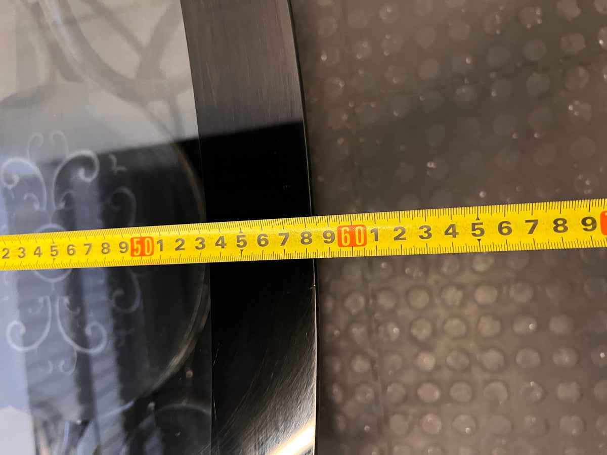 Oval Glass and Black Metal Coffee Table with Filigree Detail – width measurement