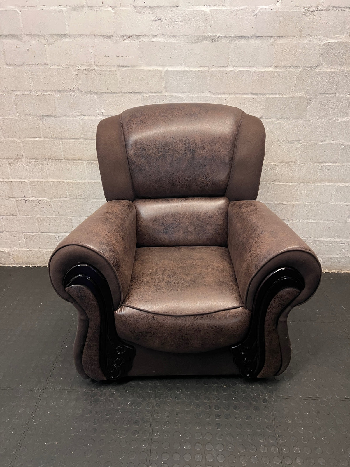 Brown Textured Faux-Leather One Seater Couch – main front view