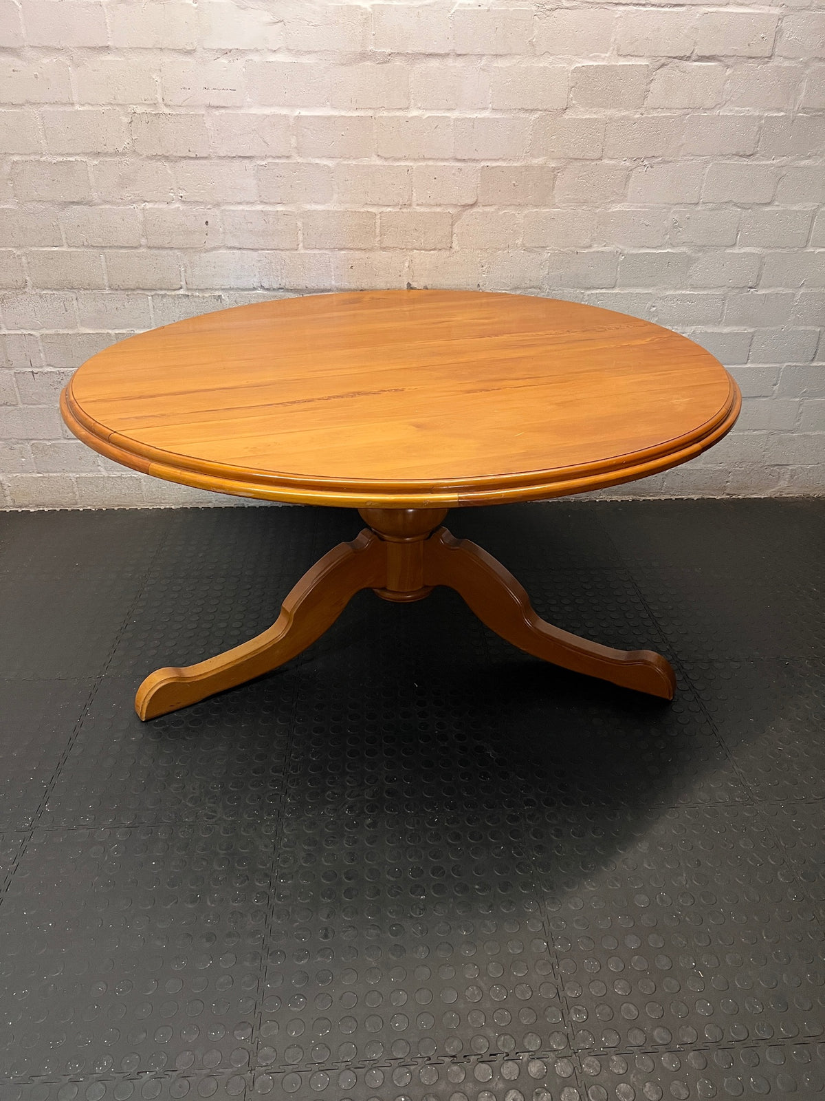 Round Yellow Wood Pedestal Dining Table – main front view