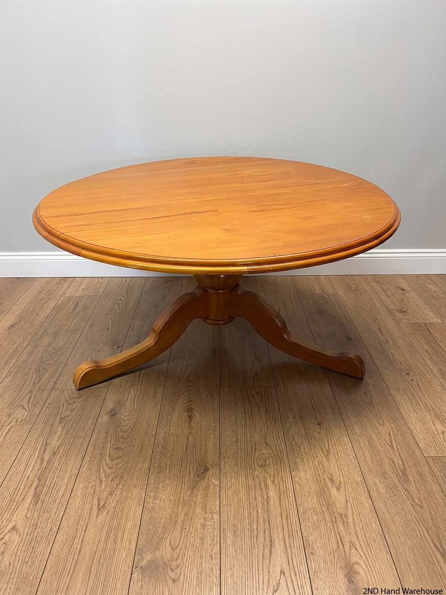 Round Yellow Wood Pedestal Dining Table – styled product image