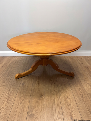 Round Yellow Wood Pedestal Dining Table – styled product image