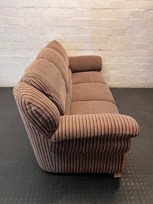 Brown Pinstripe 3 Seater Couch with Curved Wooden Feet – back view