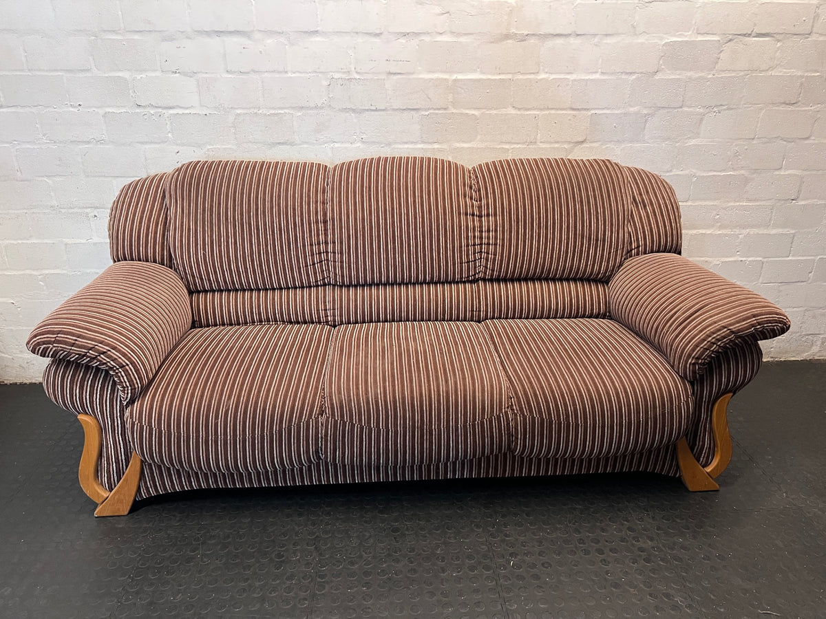 Brown Pinstripe 3 Seater Couch with Curved Wooden Feet – main front view