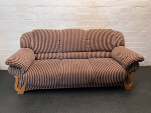 Brown Pinstripe 3 Seater Couch with Curved Wooden Feet – main front view