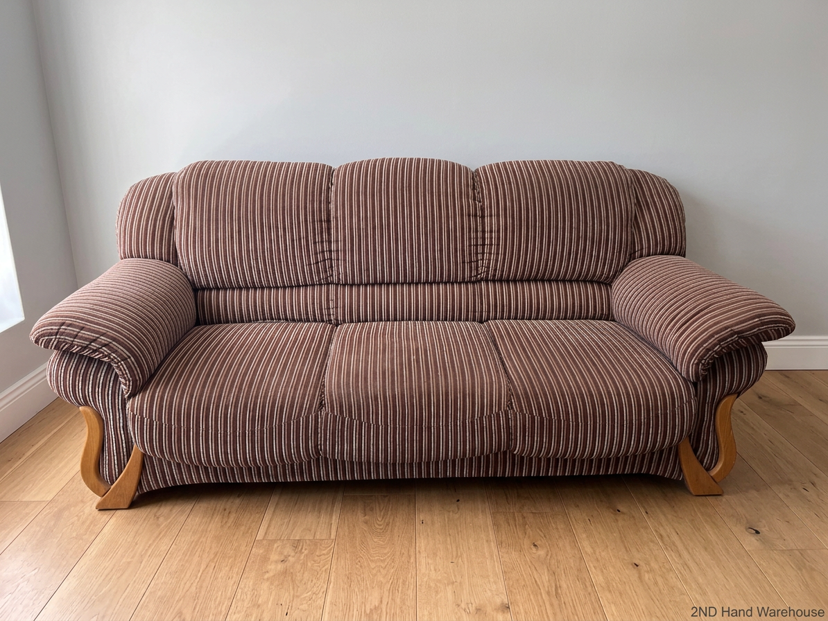 Brown Pinstripe 3 Seater Couch with Curved Wooden Feet – styled product image