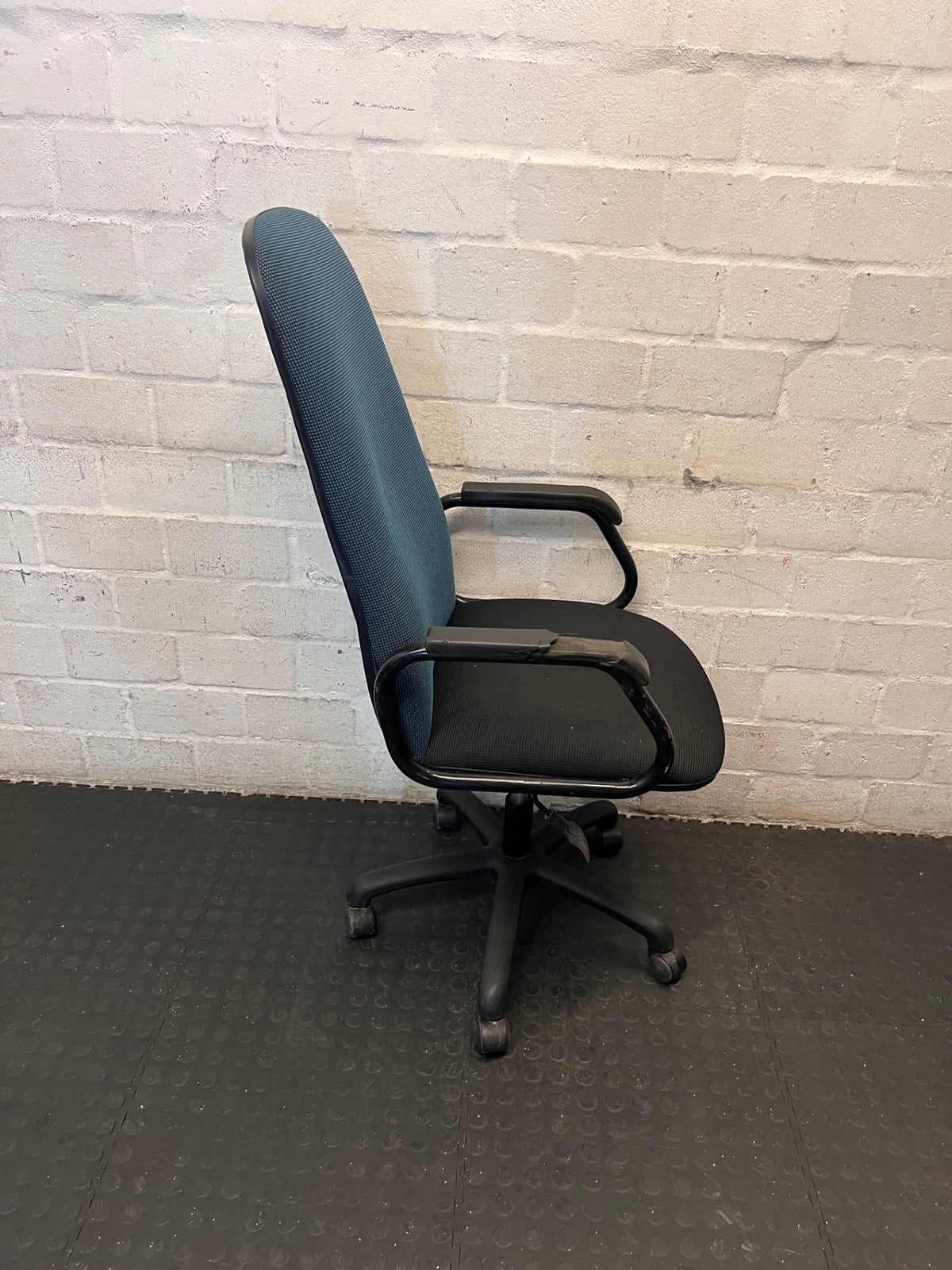 High-Back Fabric Swivel Office Chair in Blue and Black – back view