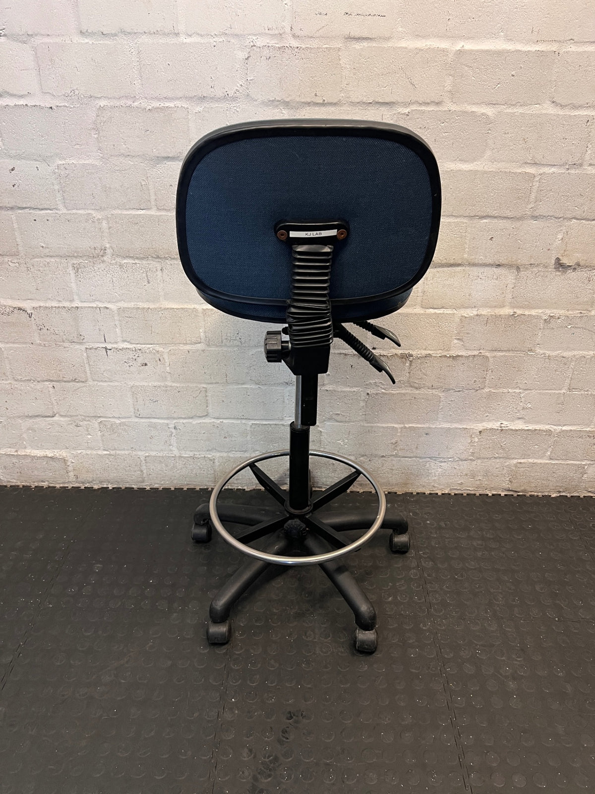 Blue Fabric Upholstered Draughting Office Stool – side view