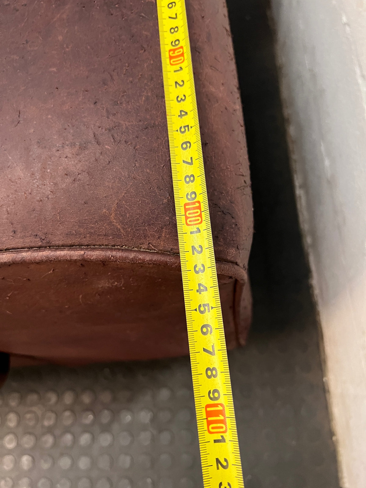 Large Brown Leather Corner Couch — Damaged Leather Upholstery – depth measurement