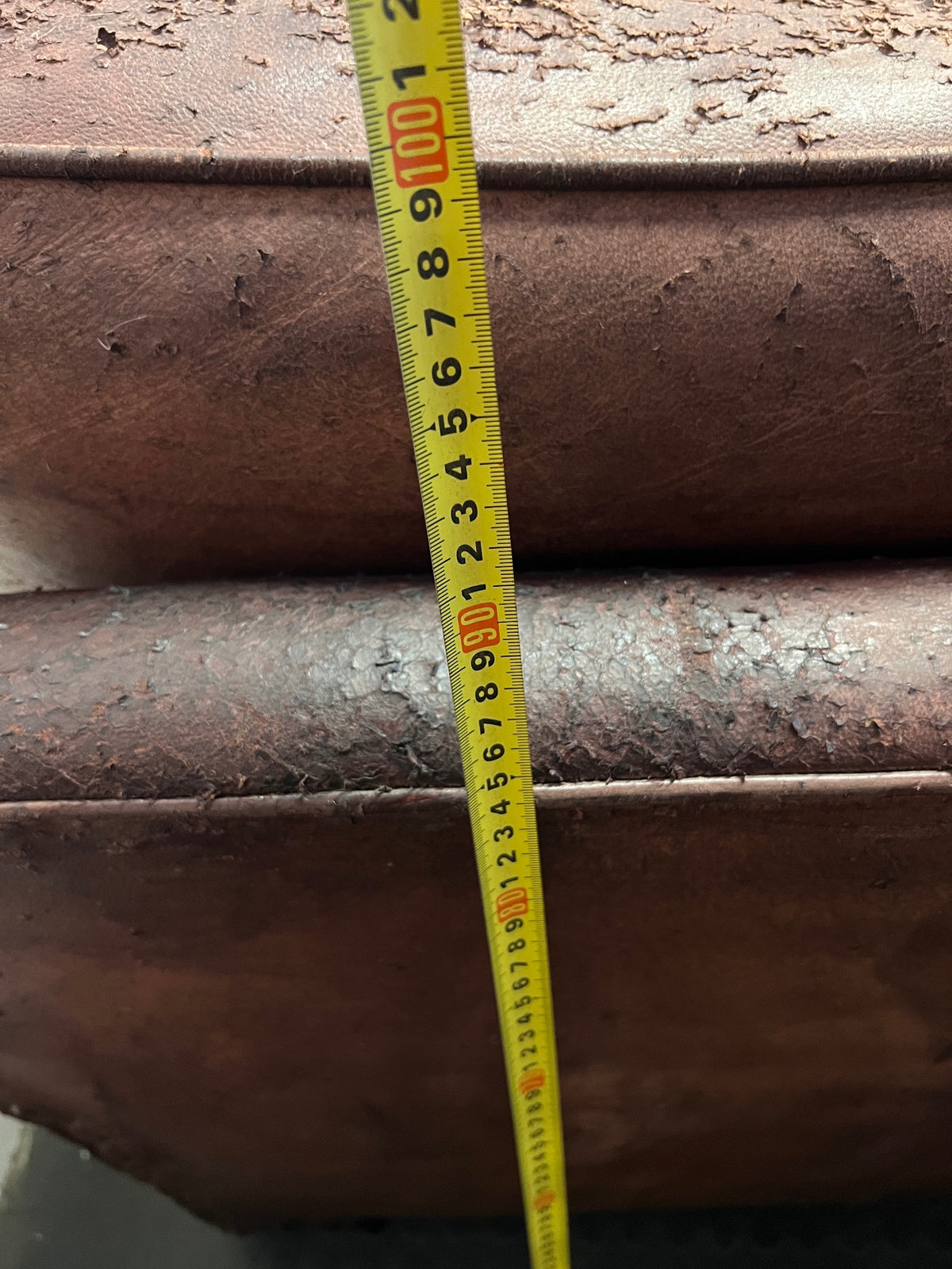 Large Brown Leather Corner Couch — Damaged Leather Upholstery – height measurement