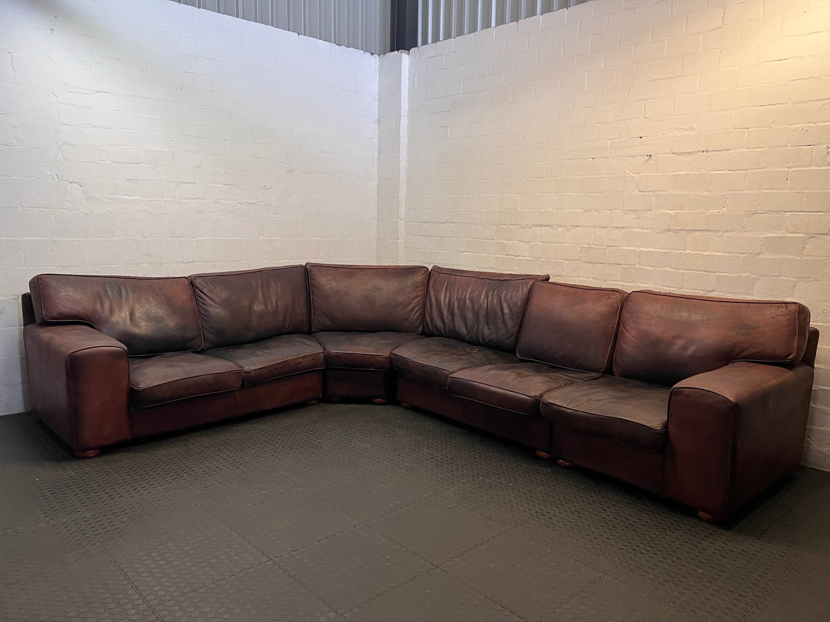 Large Brown Leather Corner Couch — Damaged Leather Upholstery – main front view