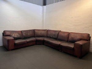 Large Brown Leather Corner Couch — Damaged Leather Upholstery – main front view