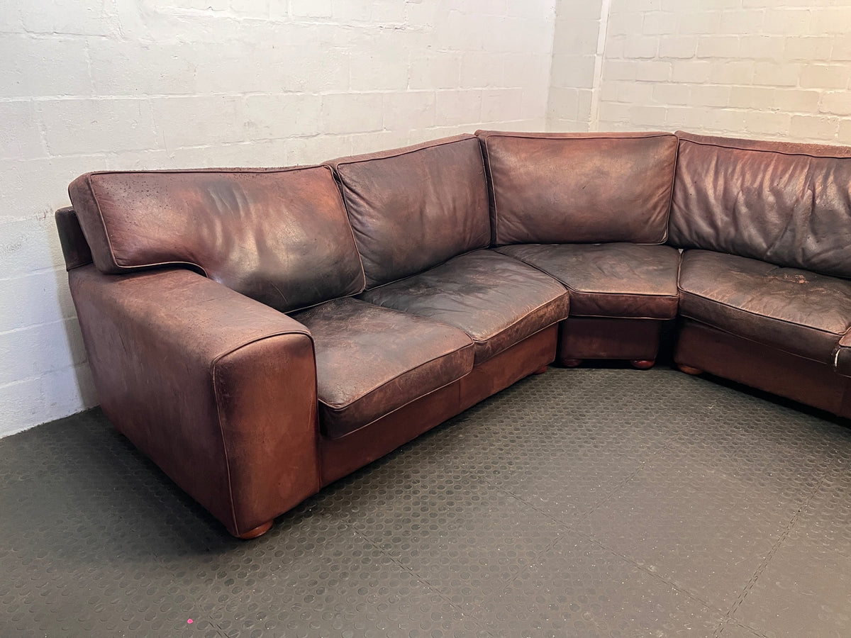 Large Brown Leather Corner Couch — Damaged Leather Upholstery – side view