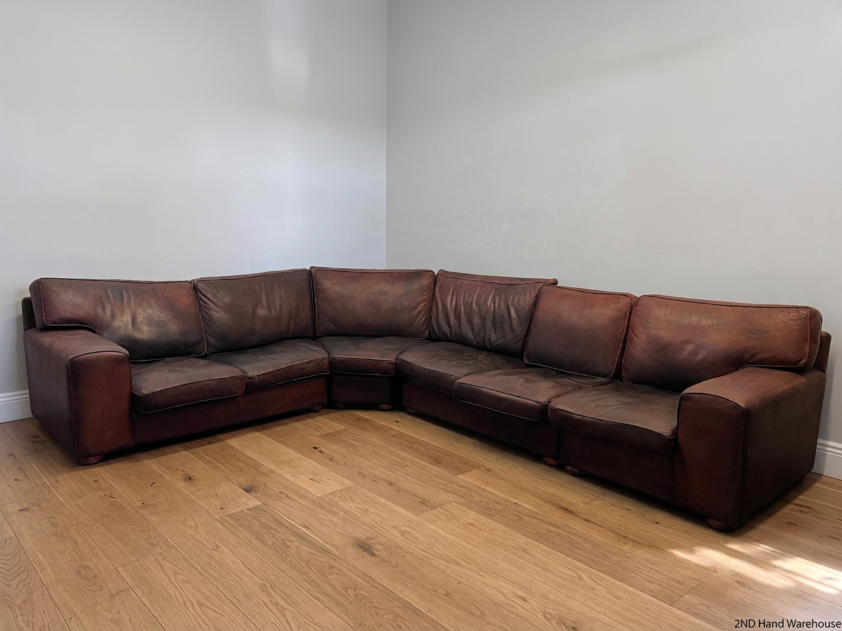 Large Brown Leather Corner Couch — Damaged Leather Upholstery – styled product image