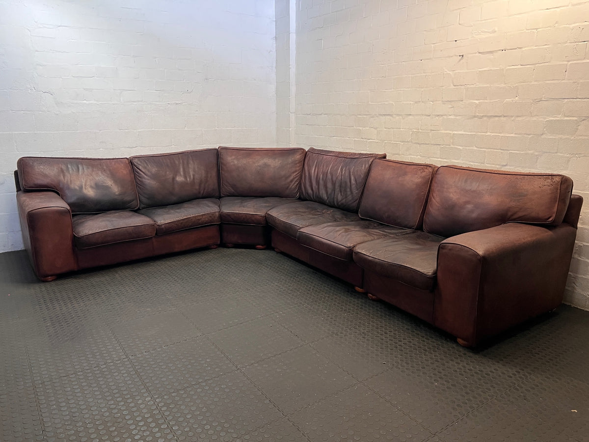 Large Brown Leather Corner Couch — Damaged Leather Upholstery – top view