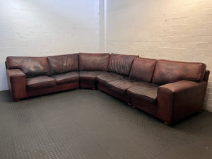 Large Brown Leather Corner Couch — Damaged Leather Upholstery – top view