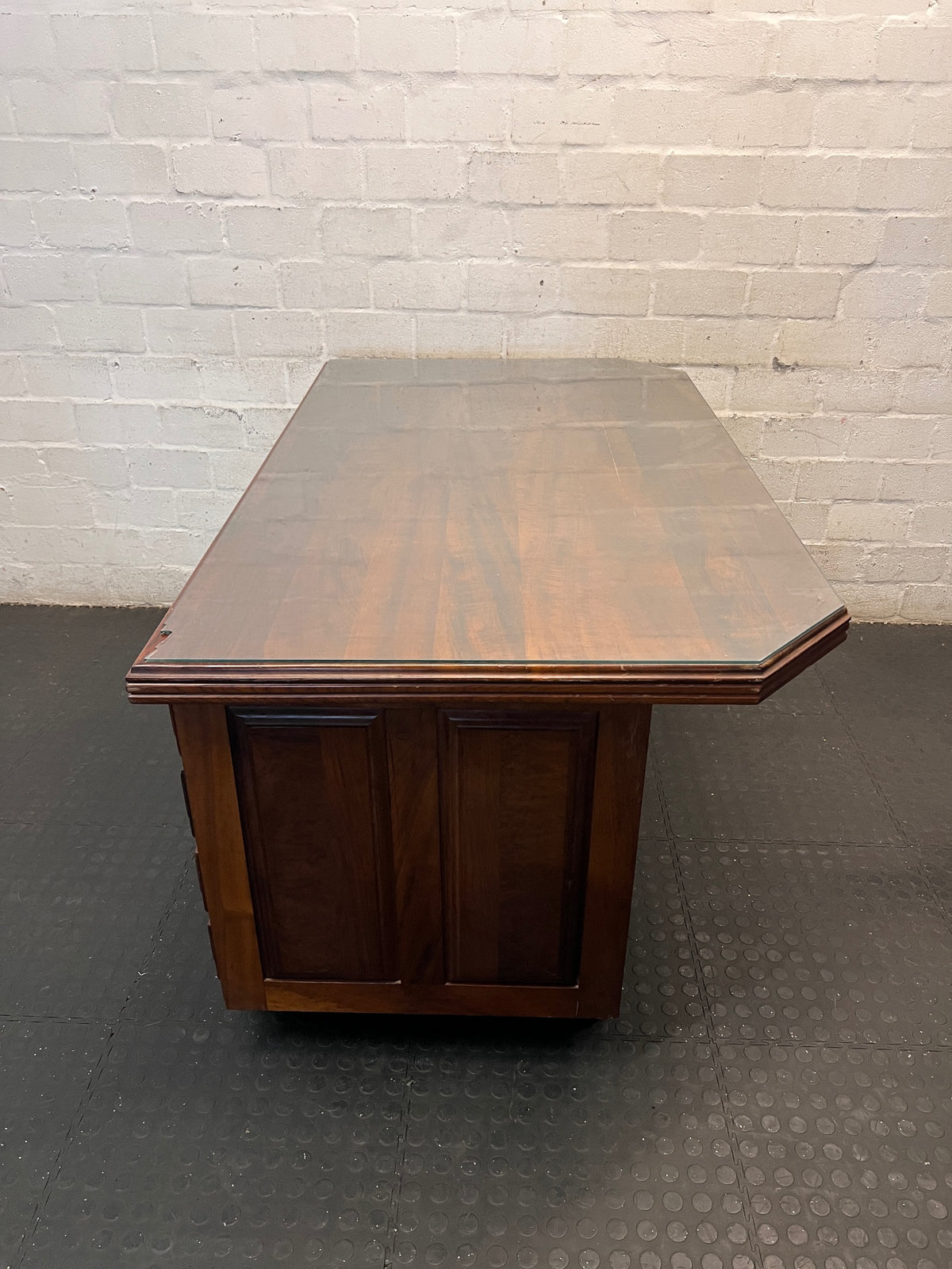 Solid Wood Executive Desk with Glass Top and 8 Drawers – back view