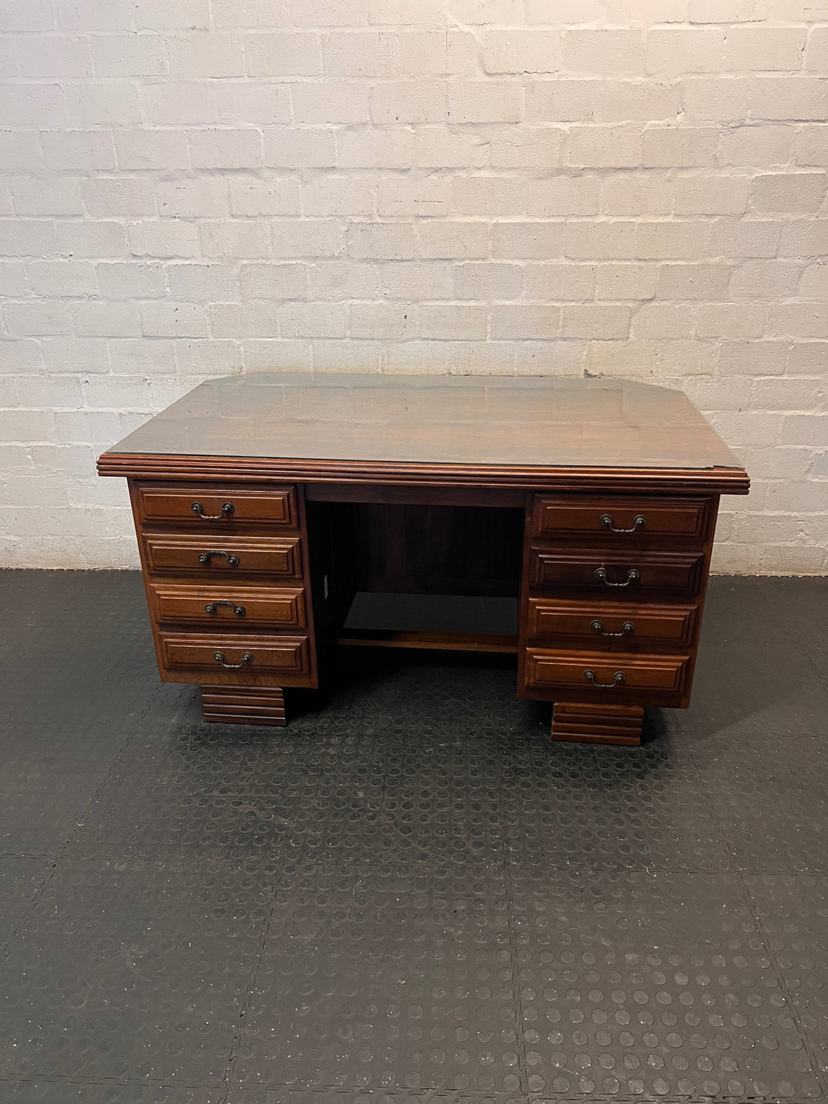 Solid Wood Executive Desk with Glass Top and 8 Drawers – main front view