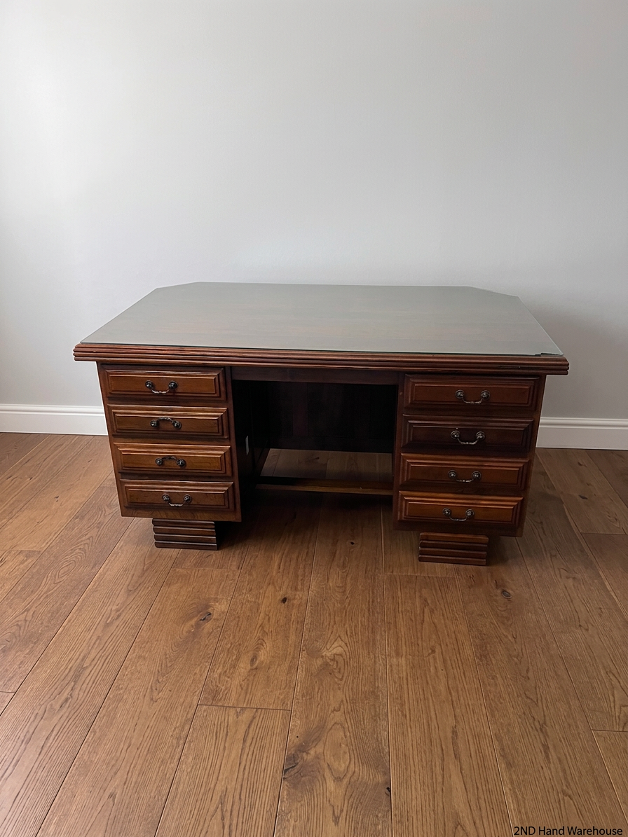 Solid Wood Executive Desk with Glass Top and 8 Drawers – styled product image