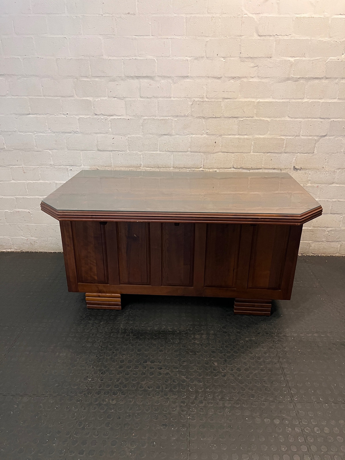 Solid Wood Executive Desk with Glass Top and 8 Drawers – top view