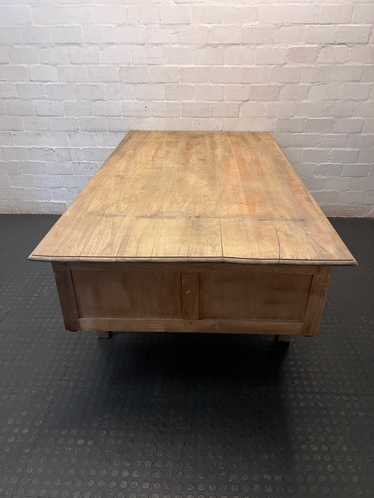 Large Timber Office Desk with Integrated Pigeon-Hole Shelves – side view