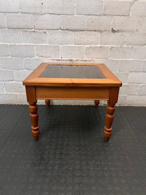 Square Wooden Side Table with Glass Inset Top – condition detail