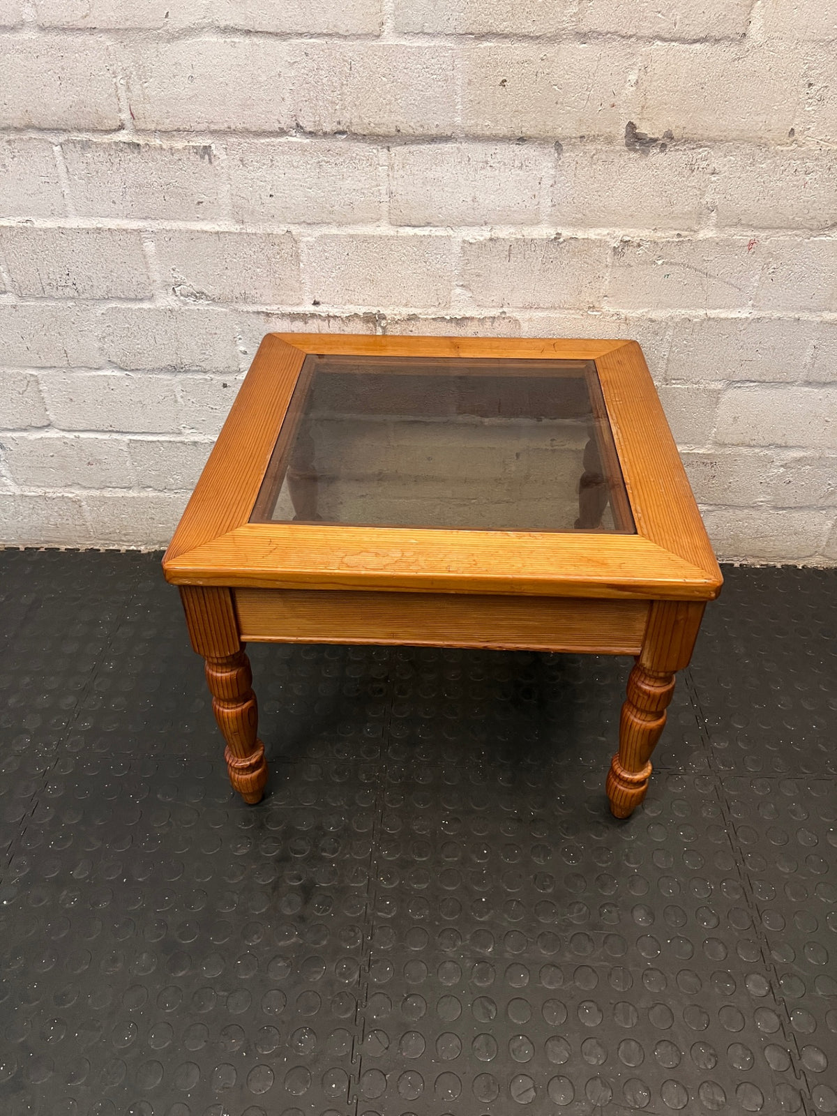 Square Wooden Side Table with Glass Inset Top – main front view
