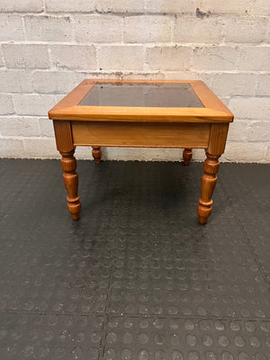 Square Wooden Side Table with Glass Inset Top – side view
