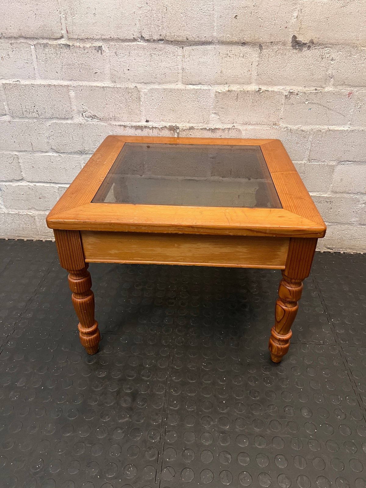 Square Wooden Side Table with Glass Inset Top – top view