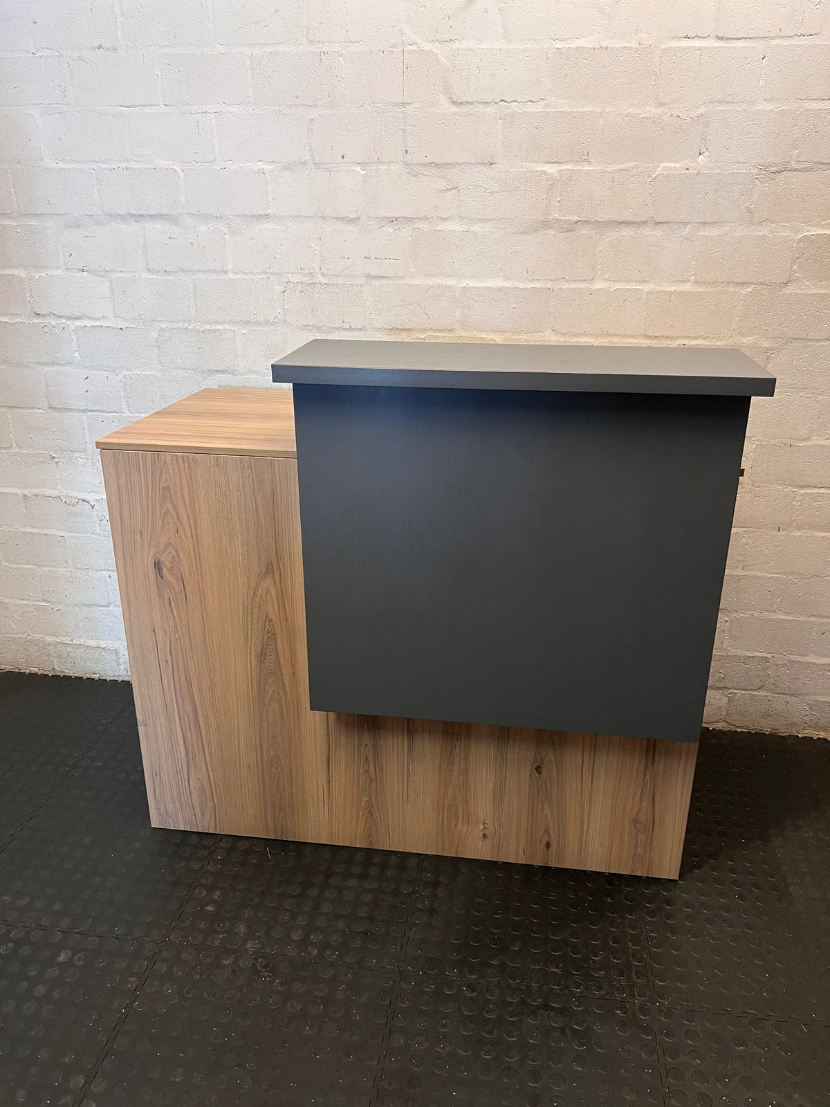 Two-Tone Computer Desk with Monitor Stand and Shelving – back view
