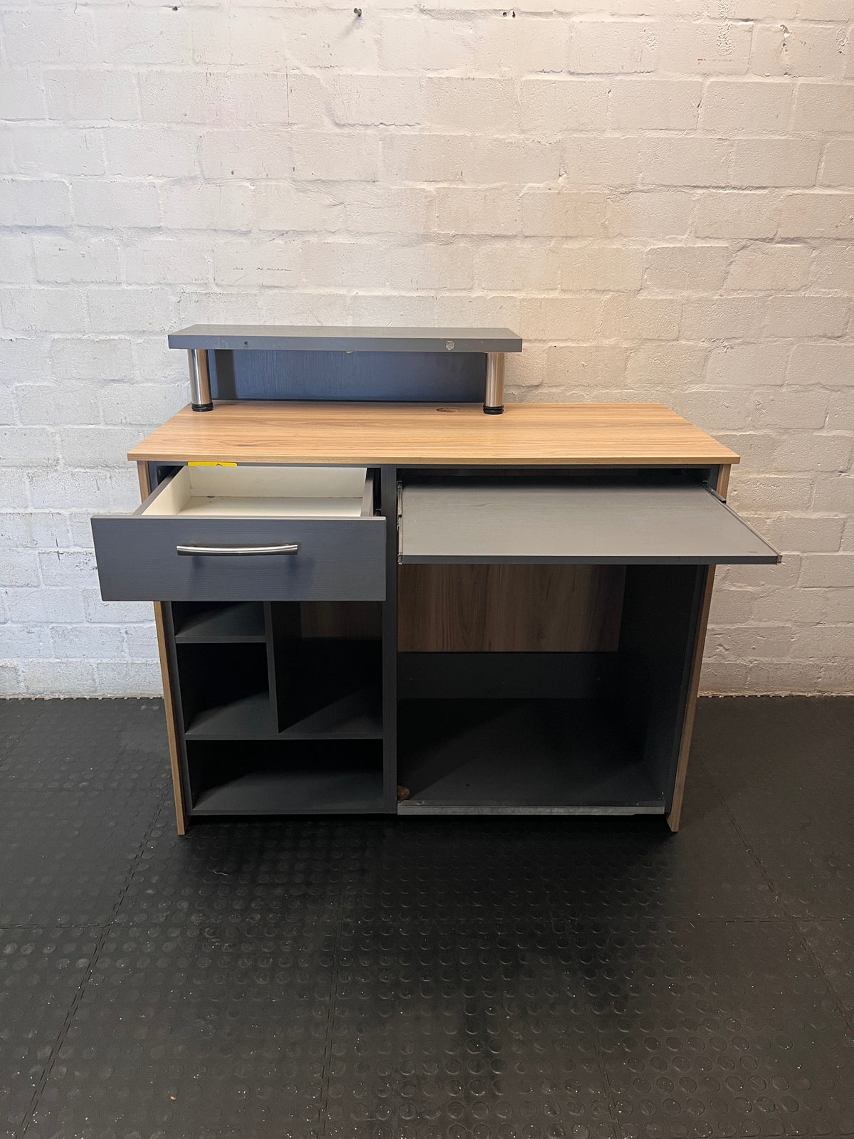 Two-Tone Computer Desk with Monitor Stand and Shelving – side view