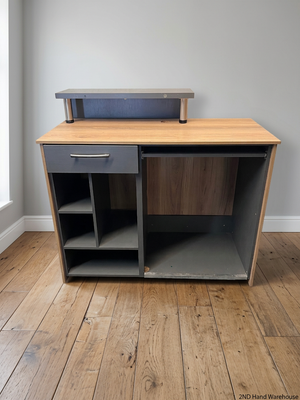 Two-Tone Computer Desk with Monitor Stand and Shelving – styled product image