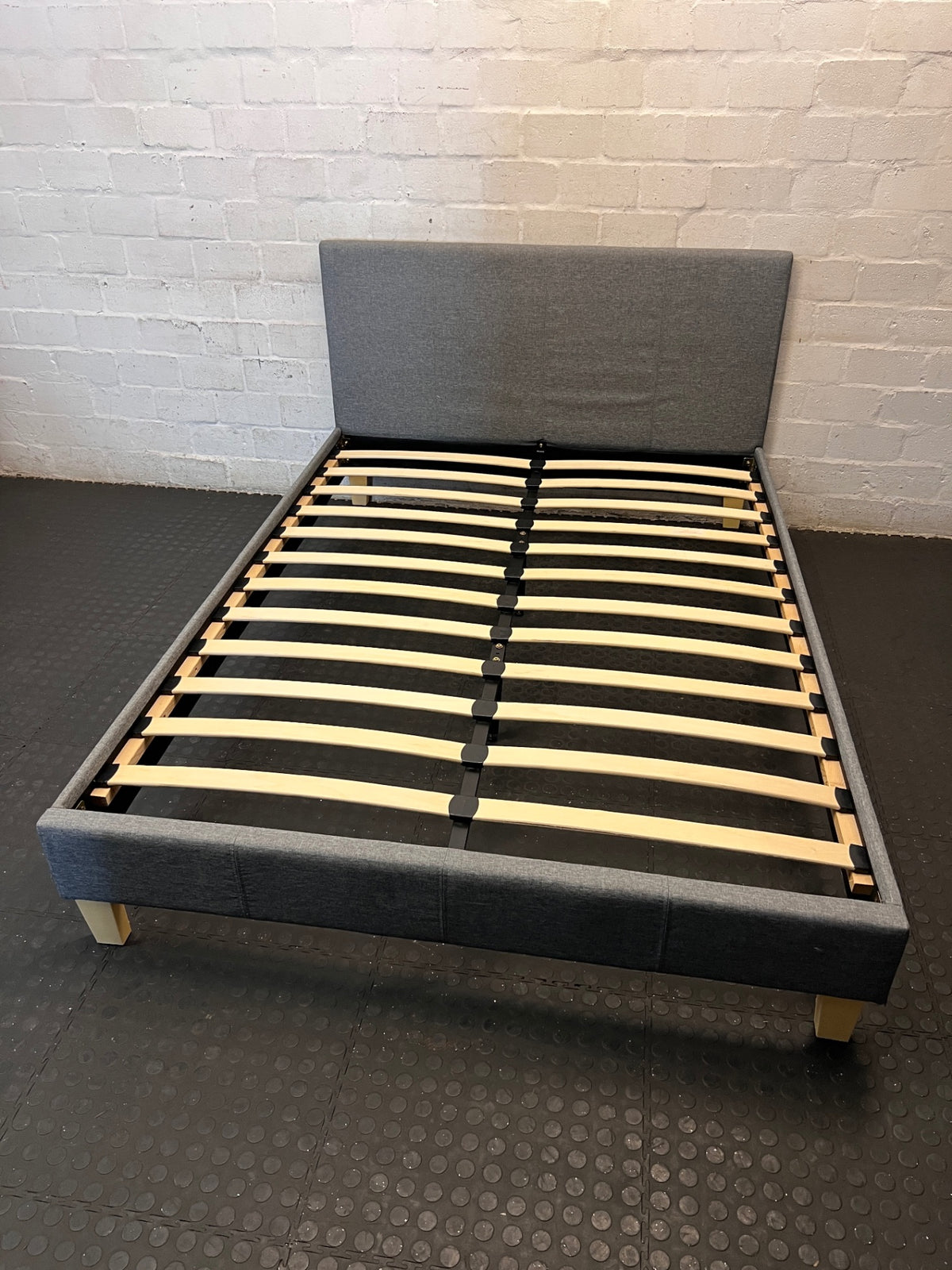 Grey Upholstered Double Bed Frame with Slatted Base – main front view