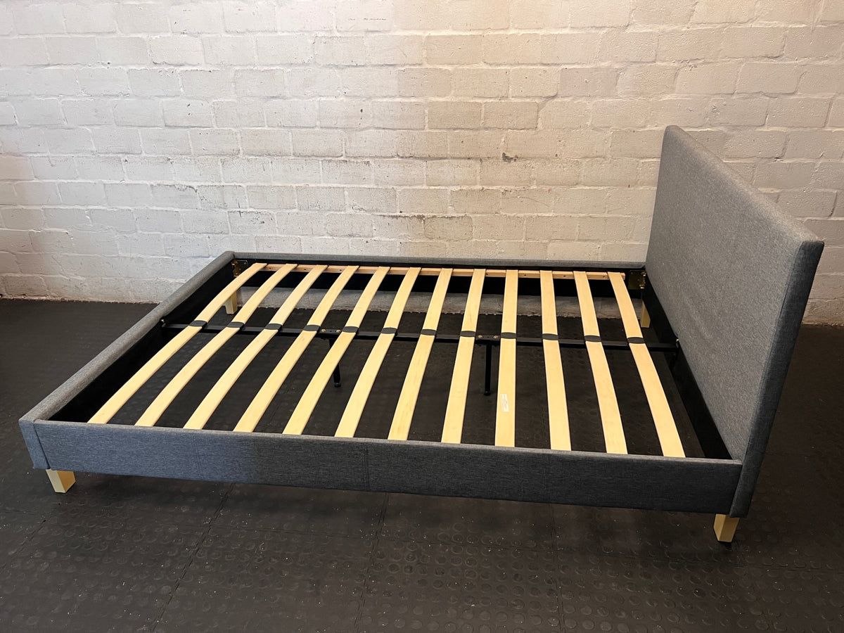 Grey Upholstered Double Bed Frame with Slatted Base – side view