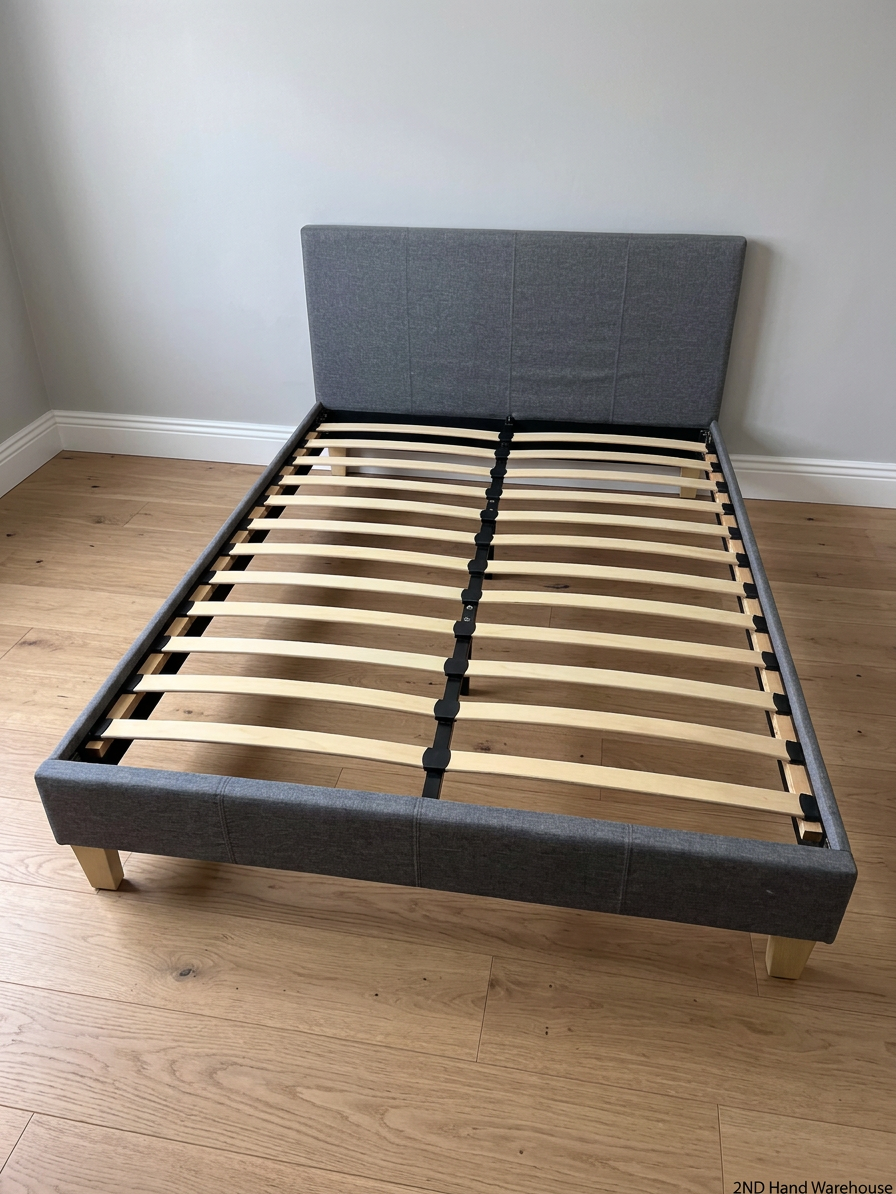 Grey Upholstered Double Bed Frame with Slatted Base – styled product image