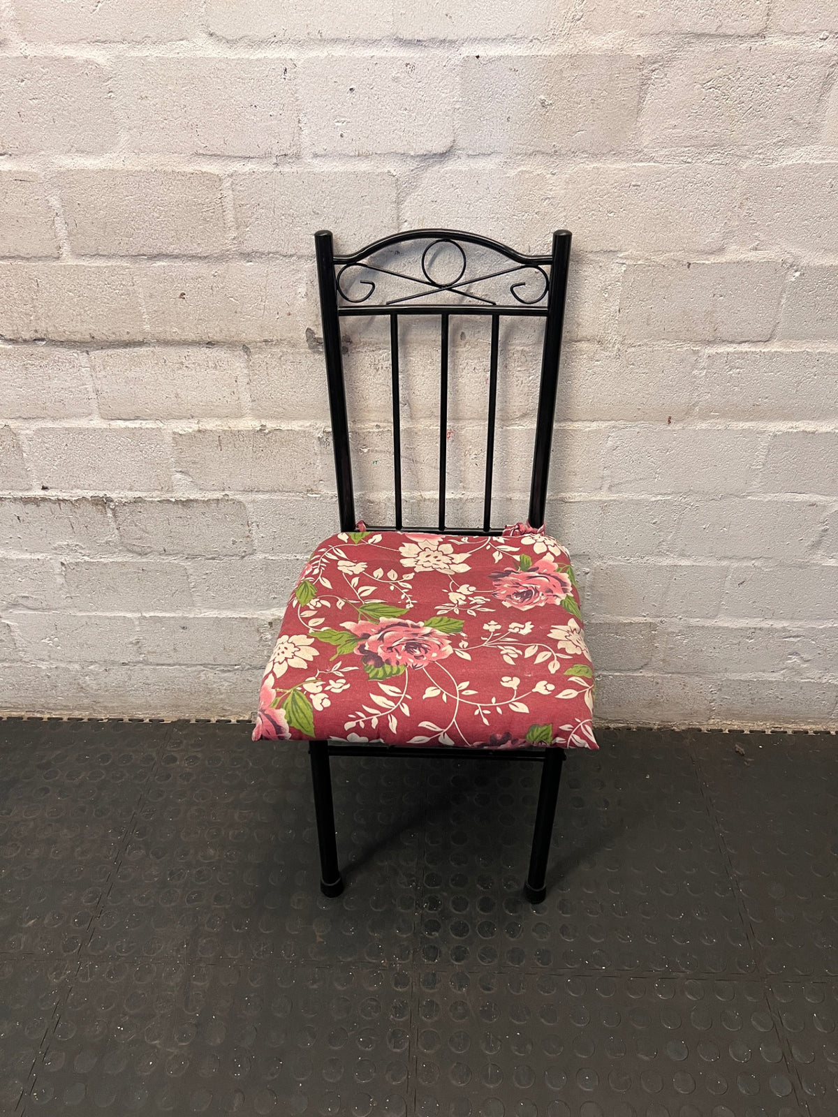 Black Metal Dining Chair with Floral Seat Cushion – main front view