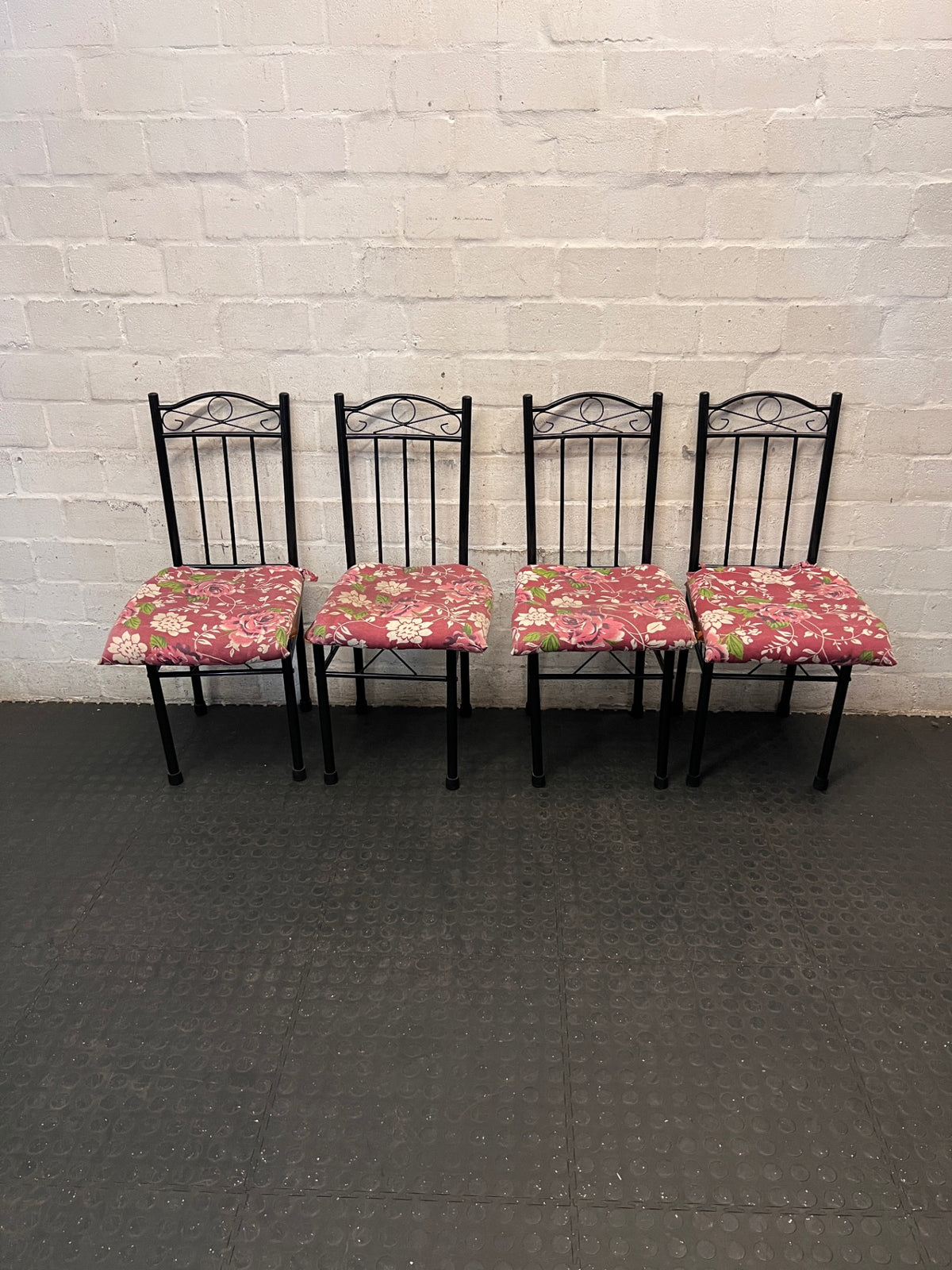 Black Metal Dining Chair with Floral Seat Cushion – side view