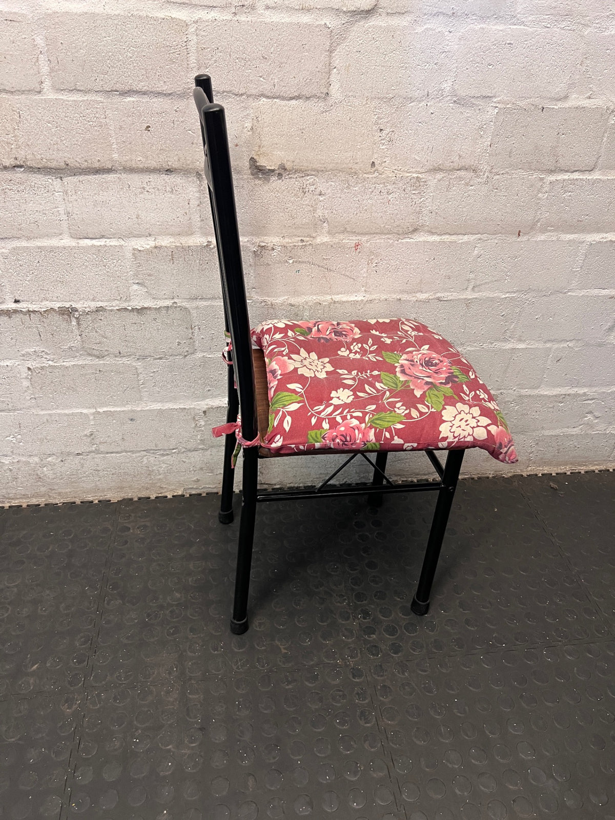 Black Metal Dining Chair with Floral Seat Cushion – top view