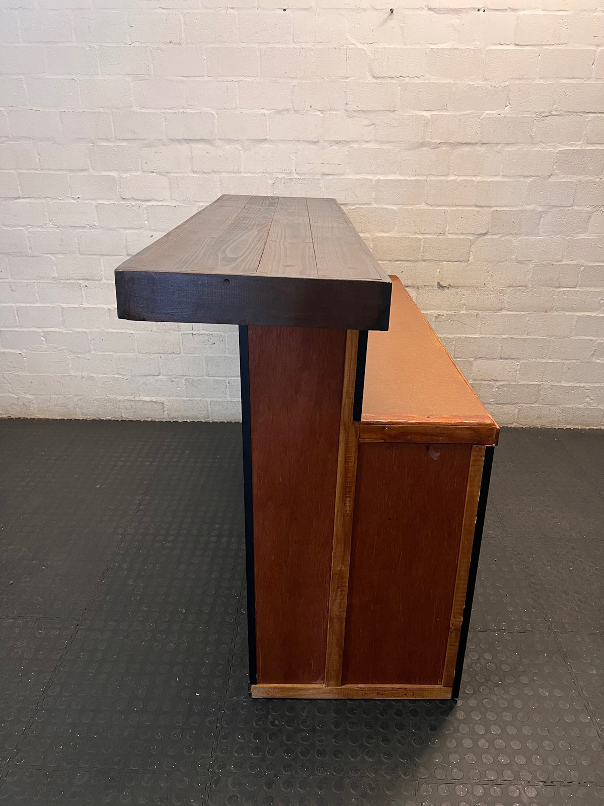 Rustic Wooden Bar Counter with Dark Stained Top – back view