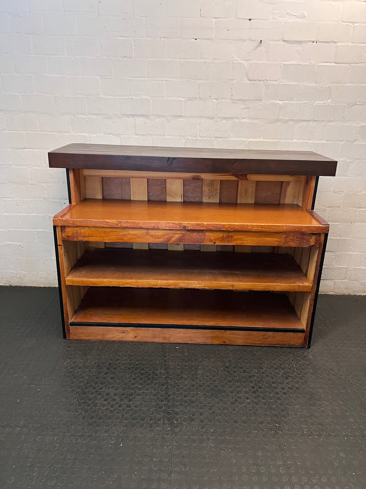 Rustic Wooden Bar Counter with Dark Stained Top – side view