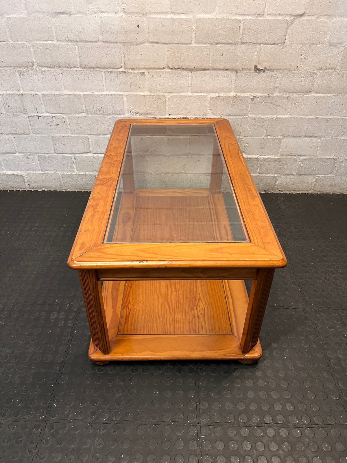 Wooden Coffee Table with Glass Inlay and Lower Shelf – back view