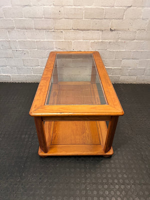 Wooden Coffee Table with Glass Inlay and Lower Shelf – back view