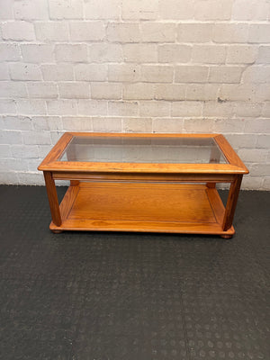 Wooden Coffee Table with Glass Inlay and Lower Shelf – condition detail