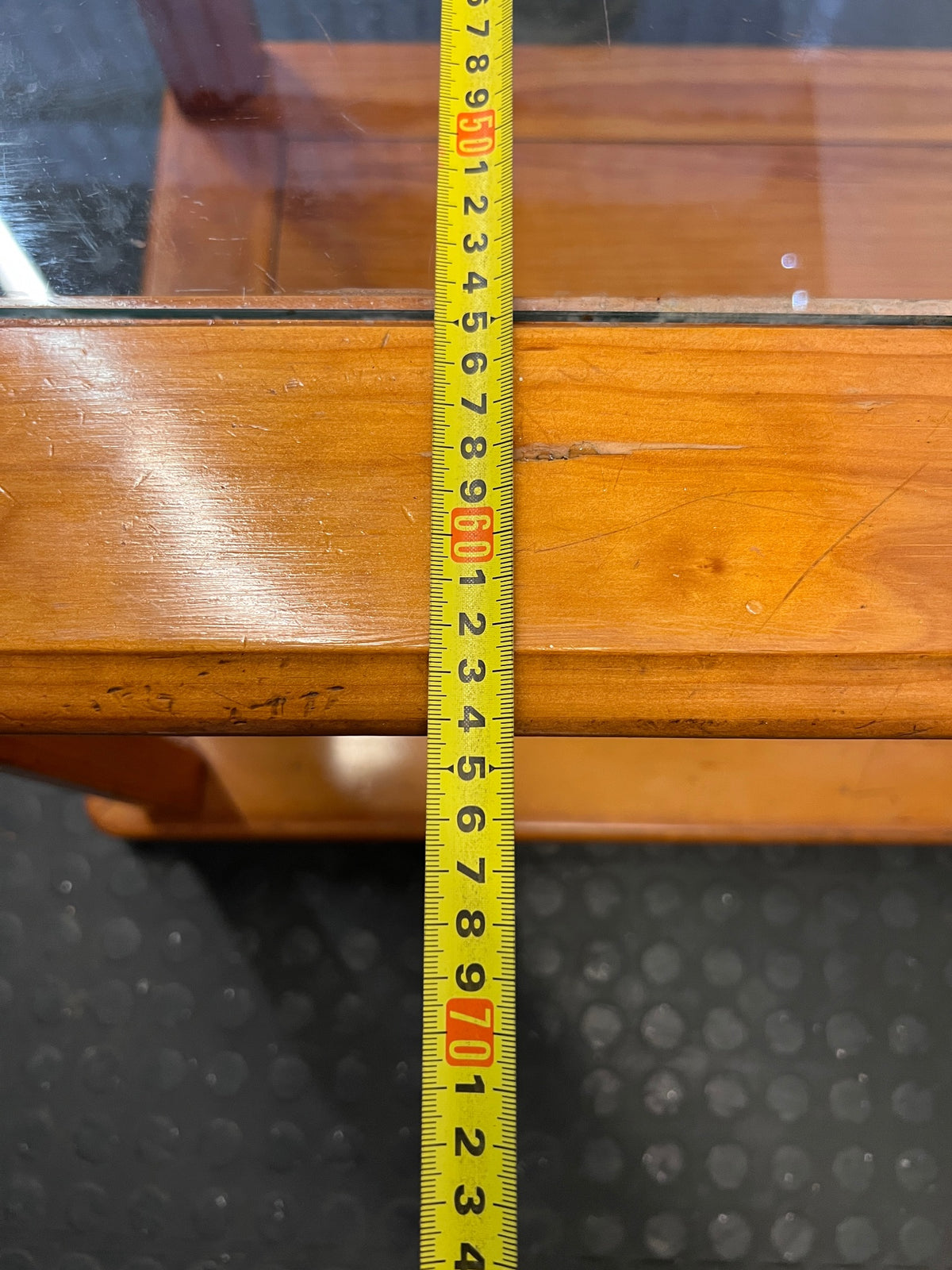 Wooden Coffee Table with Glass Inlay and Lower Shelf – depth measurement