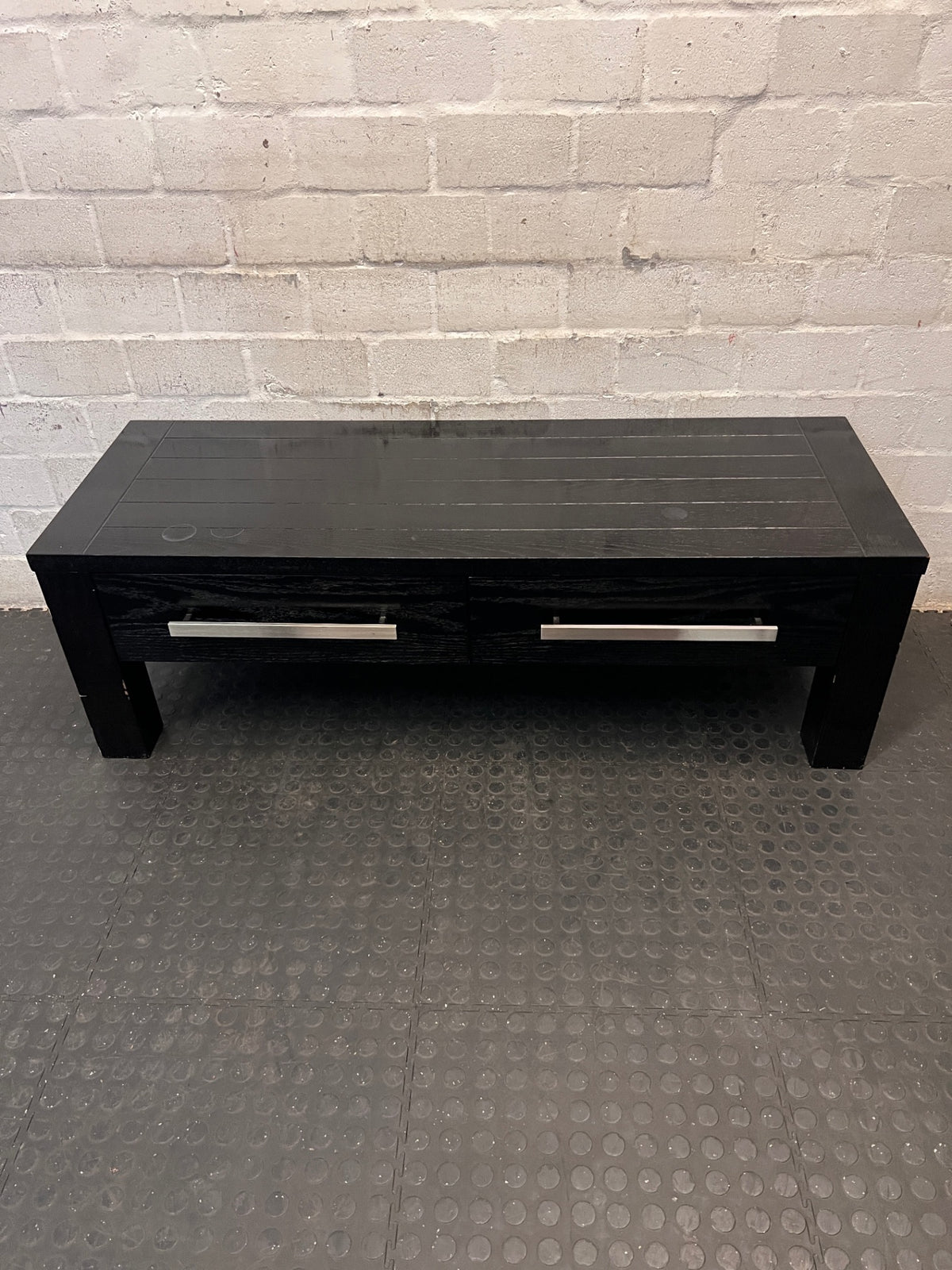 Dark Brown Wood Grain Coffee Table with Drawers – main front view