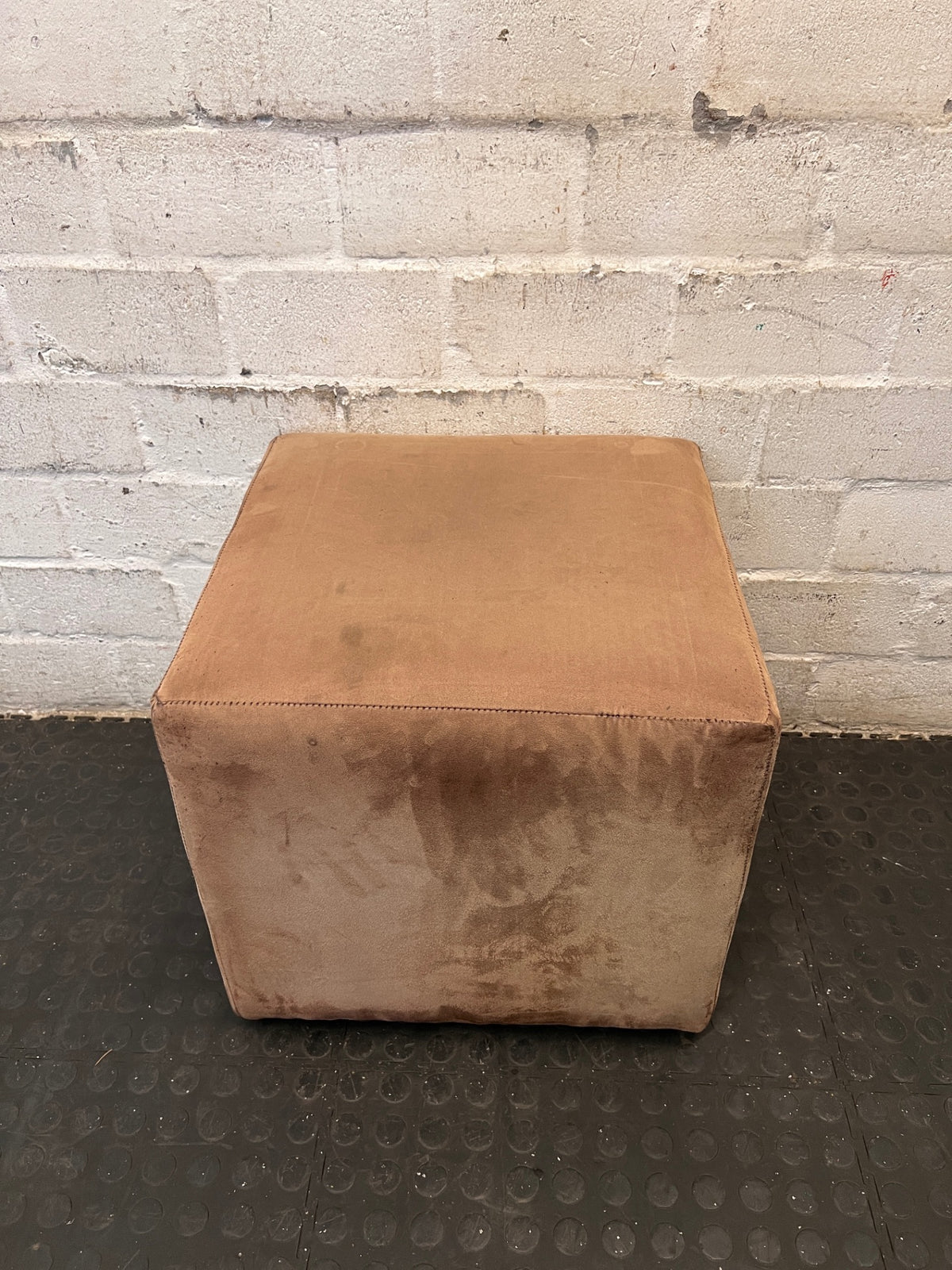 Beige Upholstered Cube Ottoman – back view